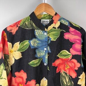 Vintage Chico's Button Front Shirt Top Size‎ 1 Womens Medium Floral Linen Blend